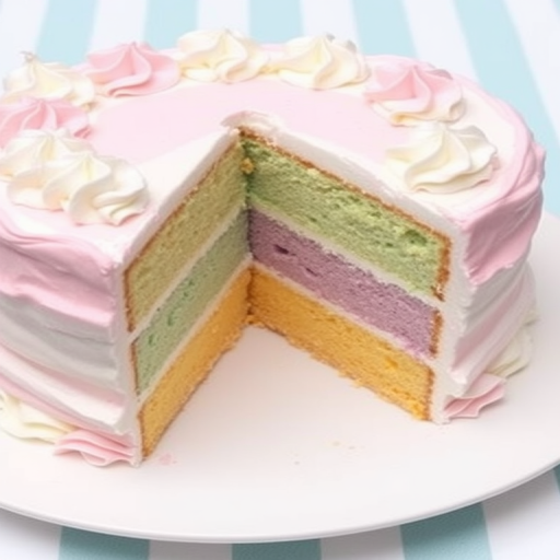 A beautifully layered ice cream cake with pastel colors including pink, green, purple, and yellow, topped with a white frosting, displayed on a white plate with a light blue and white striped background, showcasing a slice removed to reveal the colorful layers inside.