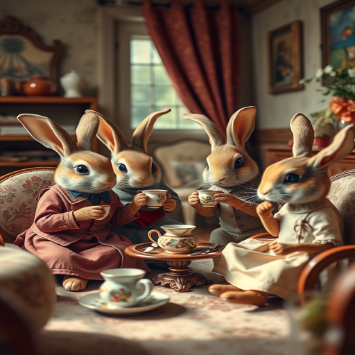 A whimsical scene of anthropomorphic rabbits dressed in vintage clothing enjoying tea in a cozy, well-furnished room, soft natural lighting, DSLR camera, 50mm lens, f/1.8 aperture, ISO 200, shallow depth of field.