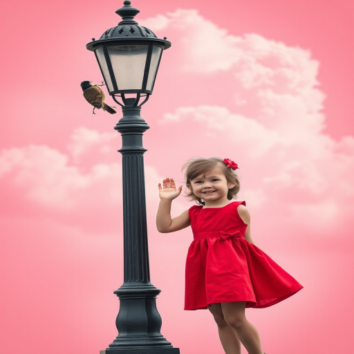 a little girl in a red dress waving beside a lamp post with a bird perched on it, pink background with clouds, soft focus, 50mm lens, f/2.8, ISO 100, shot on a DSLR, vibrant colors and high contrast, natural lighting