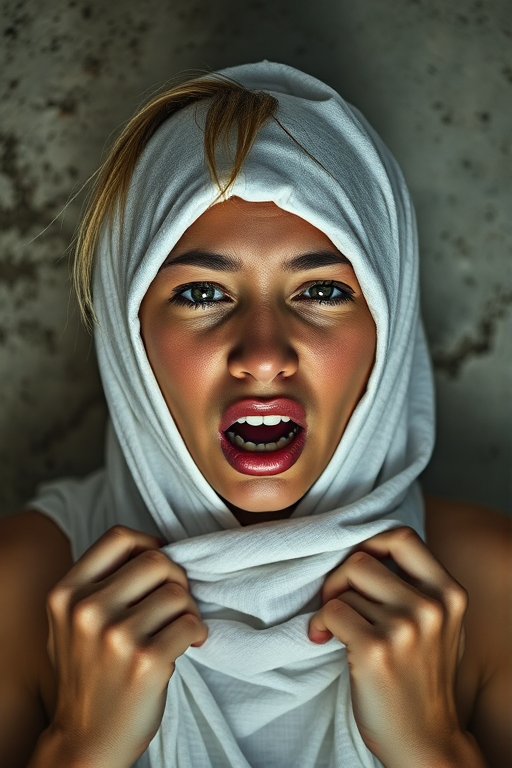 Create a close-up photographic image of a Maori woman with light skin tones shown against an old, worn wall. Their head is wrapped in a white cloth covering (i.e.... parts of the head except the nose and mouth, which are open as if they are screaming...), with a slight texture and visible folds in the fabric. Thin strands of blonde hair escape from the wrapping above, falling lightly at the top and sides. Their hands hold the fabric as if they are tugging nervously. The lighting is dramatic and even, casting strong shadows. The image has a minimalist and surreal style with an emphasis on simplicity with soft color tones. The composition is centered.