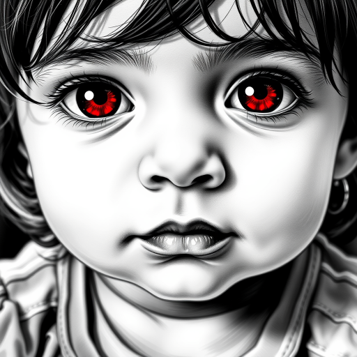 A hyperdetailed photorealistic black and white sketch of a beautiful toddler with deep red eyes, with a macro focus