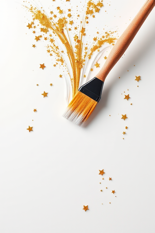 Create an image of a magical paintbrush sweeping across a bright white surface with gold stars shimmering in its wake, captured at f/2.8, 50mm lens, ISO 100, top-down view, using a digital SLR camera for high detail and vibrant colors.