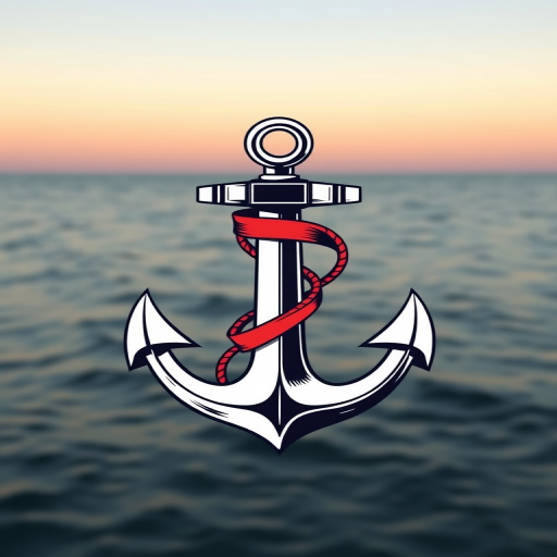Create a high-resolution vector graphic of a nautical anchor entwined with a ribbon, using a DSLR camera with a 50mm lens, f/2.8 aperture, ISO 100, in natural light, ensuring a sharp focus and vibrant colors.