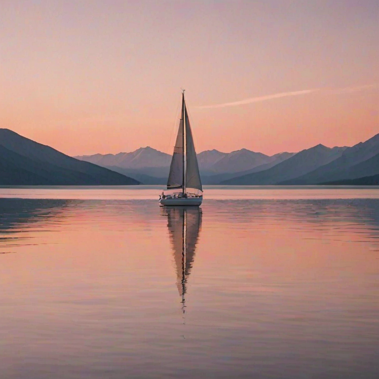 Softly focused image of a sailboat gliding across a calm lake at sunset, soft orange and pink hues reflecting off the water, with distant mountains and a peaceful, serene atmosphere blending into the background.