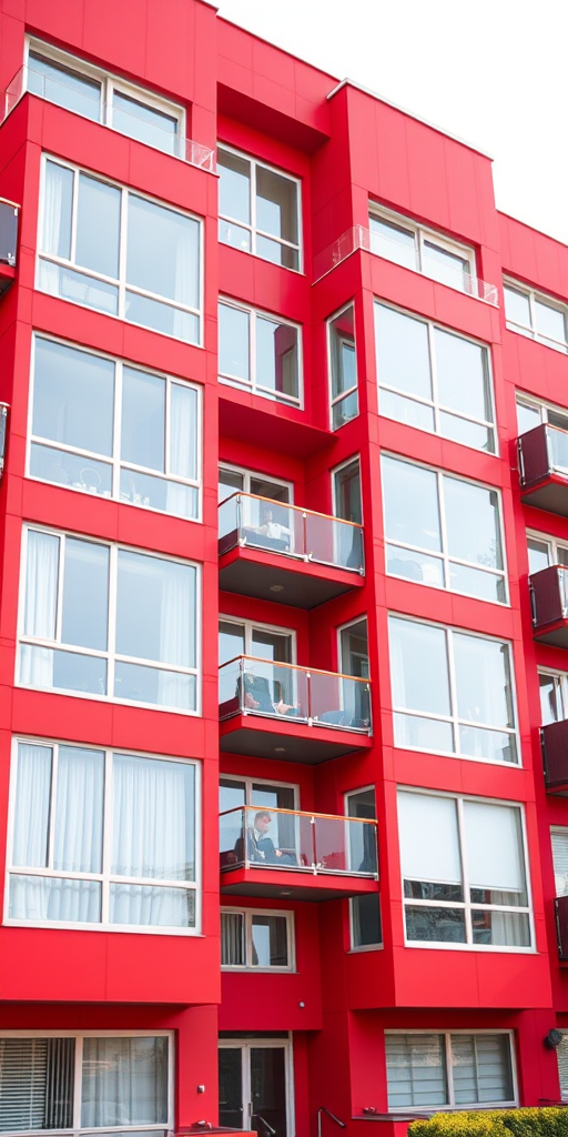 Create a high-resolution image of a modern red apartment building with large windows, featuring eight floors and two balconies on either side, captured with a DSLR camera at f/8 aperture, ISO 100, 24mm focal length, in bright daylight, using a wide-angle lens for an expansive view.