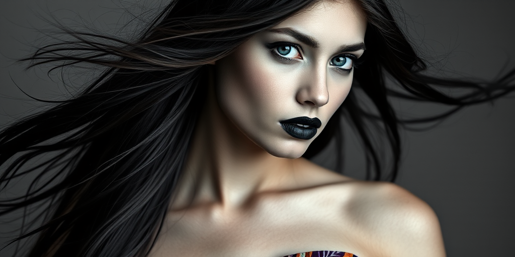 Photographic image of a beautiful young Native American woman, blue eyes, lips with black lipstick, long hair fluttering in the wind and wearing a silk strapless dress with a soft purple and orange print. monochrome image with only color highlights in the iris of the eyes, lipstick and dress. Gray background.