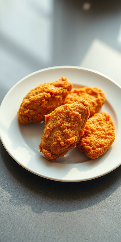 Capture a high-resolution image of crispy fried chicken pieces arranged attractively on a white plate, using a Canon EOS R5, 50mm lens, f/2.8 aperture, ISO 100, and soft natural lighting to enhance texture and color.