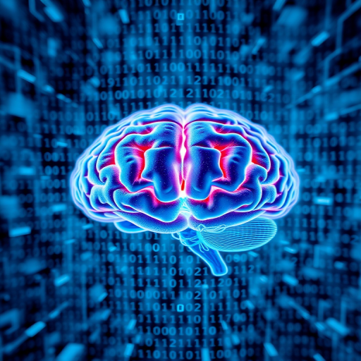 Generate a high-quality abstract image of a brain surrounded by binary code, using a Canon EOS R5 with an ISO of 100, aperture set to f/8, shutter speed of 1/125s, in a wide-angle shot with a soft focus style and a blue color palette.