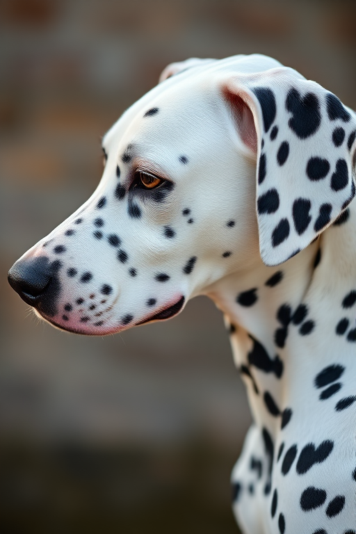 Generate a high-resolution image of a Dalmatian dog with a focus on its profile, using a DSLR camera with a 50mm lens, aperture set to f/1.8, ISO 100, and natural soft lighting to enhance textures and details.