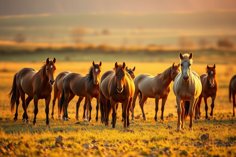 capture a herd of wild horses grazing in a open field during golden hour with soft natural lighting, using a Canon EOS 5D Mark IV, 50mm lens, aperture f/2.8, ISO 200, shutter speed 1/200s, shallow depth of field, focusing on the horses while blurring the background for a dreamy effect