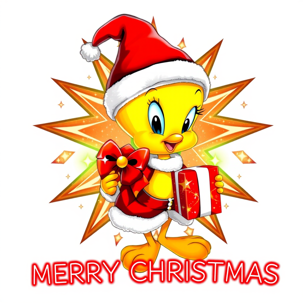Merry Christmas” cosmic star art tweety bird wearing a Christmas hat and Santa jacket holding gift with a big bow tweety bird is extremely detailed and vibrant behind her is star cosmic design on white background that’s all Christmas colors red green white the words “MERRY CHRISTMAS” is written at the bottom in red electric font outline in black 3000dpi 32k