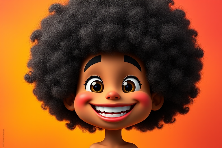 generate a high-resolution cartoon character with a large, curly afro hairstyle and a big smile, set against a vibrant background, using a Canon EOS R5 camera, 50mm lens, f/1.8 aperture, ISO 200, 1/100s shutter speed, portrait mode, enhance colors and sharpness