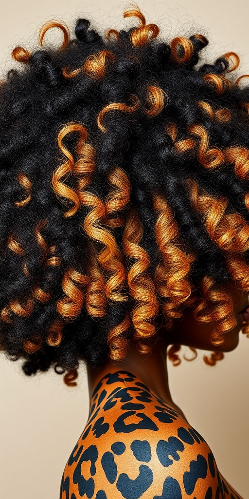 Funky leopard print hair featuring a blend of black, golden blonde, and warm brown tones, styled in a voluminous afro with defined coils