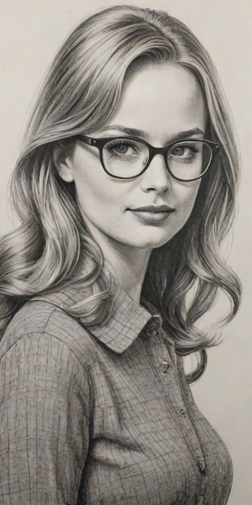 Pleasing Fiona Gubelmann, pencil sketch, portrait of Delightful woman 1965s in glasses, hair style beatnik, outline, clear lines, fine lines, 8k