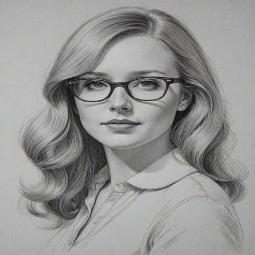 Elegant Molly C. Quinn, pencil sketch, portrait of Charming woman 1972s in glasses, hair style beatnik, outline, clear lines, fine lines, 8k