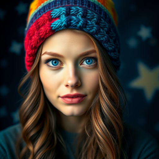 portrait of a woman with long wavy hair wearing a rainbow beanie, striking blue eyes, cosmic background with stars, soft focus effect, 50mm lens, f/1.8 aperture, ISO 100, shot in natural light, in a studio setting