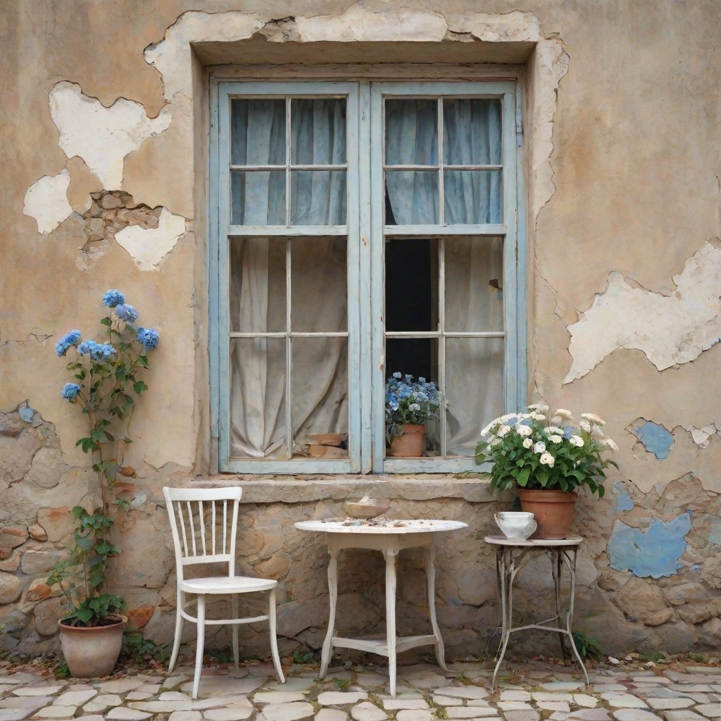 Create an amazing realistic watercolor image, The background is a crumbling wall beige and pale blue with the old wooden window. front of the wall has an old white table with two chairs. The soil is stones. Both of side of the image amazing flowers visible.