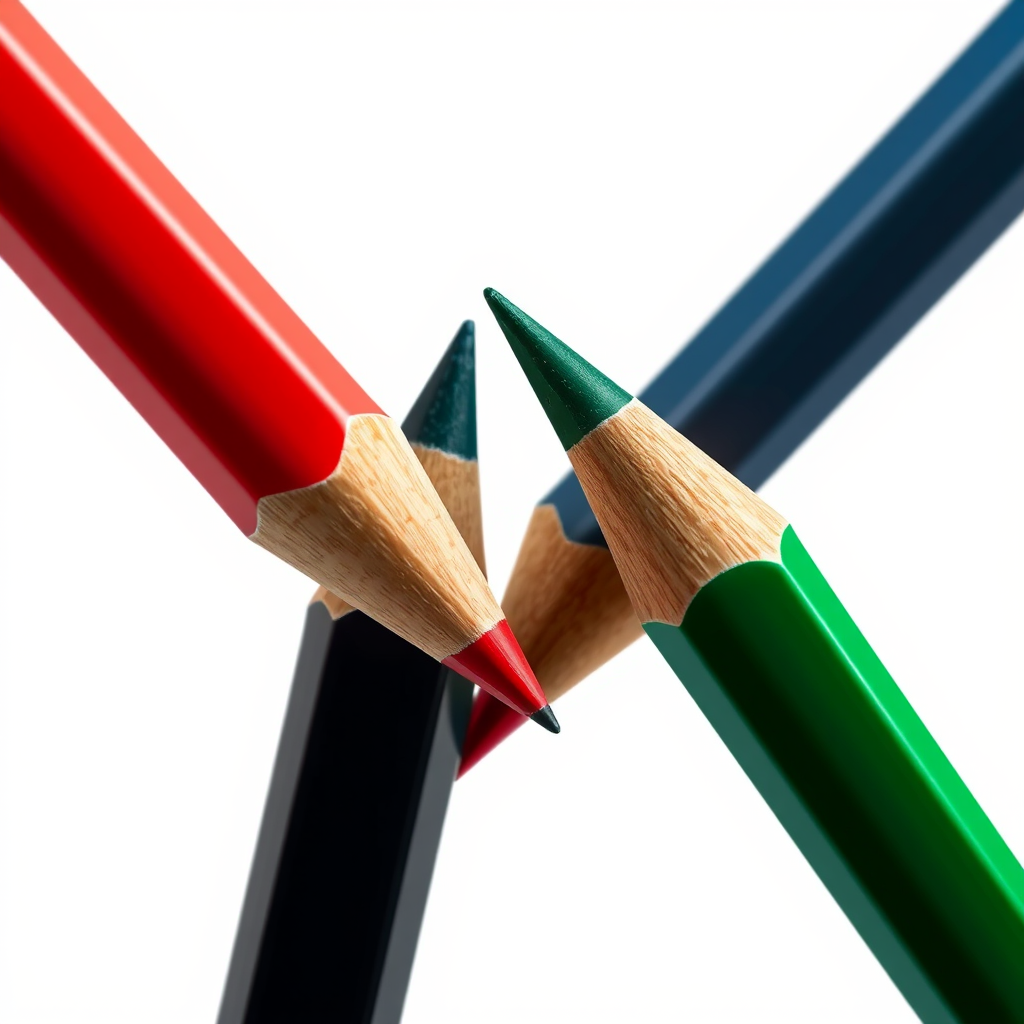 Create a high-resolution digital illustration of four colored pencils in a slightly angled view, with vibrant shades of red, blue, black, and green, using a Canon EOS R5 camera, 50mm lens, f/2.8 aperture, and ISO 100 for enhanced clarity and detail.