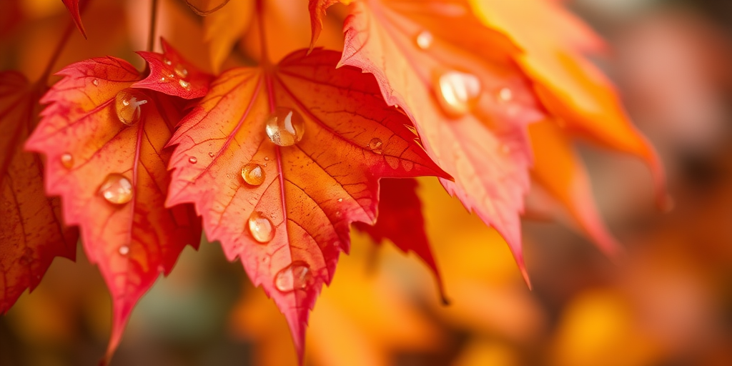 close-up of autumn leaves with droplets of water on them, shallow depth of field, f/2.8, ISO 100, 50mm lens, natural light, DSLR camera, macro photography style, vibrant colors, soft focus background