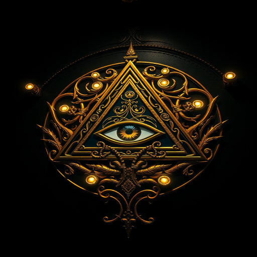 Create a highly detailed image of a mystical emblem featuring an ornate golden triangle with an eye at its center, surrounded by intricate vines and glowing orbs, captured with a DSLR camera at f/1.8 aperture, ISO 100, 50mm lens, in a dimly lit environment to enhance the luminous effects.