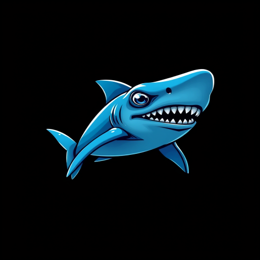 Create a high-resolution vector image of a stylized blue sea creature resembling a shark with exaggerated features, using a DSLR camera, 50mm lens, f/8 aperture, and ISO 100, capturing it from a slight low angle for dramatic effect and ensuring a clean black background to enhance contrast.