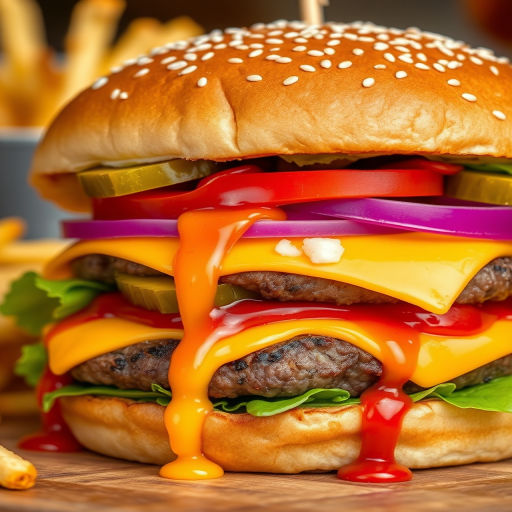 High-resolution, close-up image of a gourmet double cheeseburger. The burger features a glossy, sesame-seed-topped brioche bun. Inside, there are two thick, juicy beef patties, each topped with melted cheddar cheese. The burger is garnished with fresh lettuce, tomato slices, diced onions, and pickles. A generous amount of ketchup and a creamy, orange-colored sauce is dripping down the sides, adding to the mouth-watering appeal. In the background, there are blurred elements including a side of golden French fries and a hint of a beverage, enhancing the overall presentation of a delicious meal.