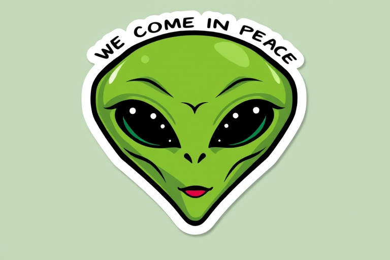 a vinyl sticker design of a cartoon green alien face with the words typed clearly "WE COME IN PEACE" above, bold outline, clear background