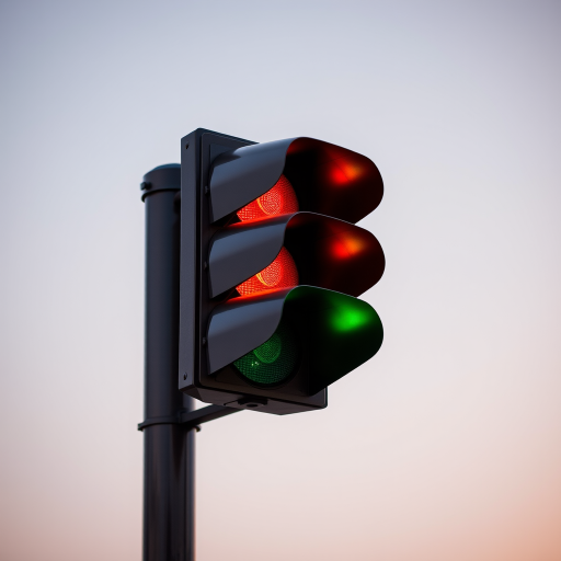 traffic light with three colored lights (red, yellow, green) against a soft gradient background, shot with a DSLR camera at f/8 aperture, 1/200 shutter speed, ISO 100, focused on the traffic light with a slight bokeh effect in the background