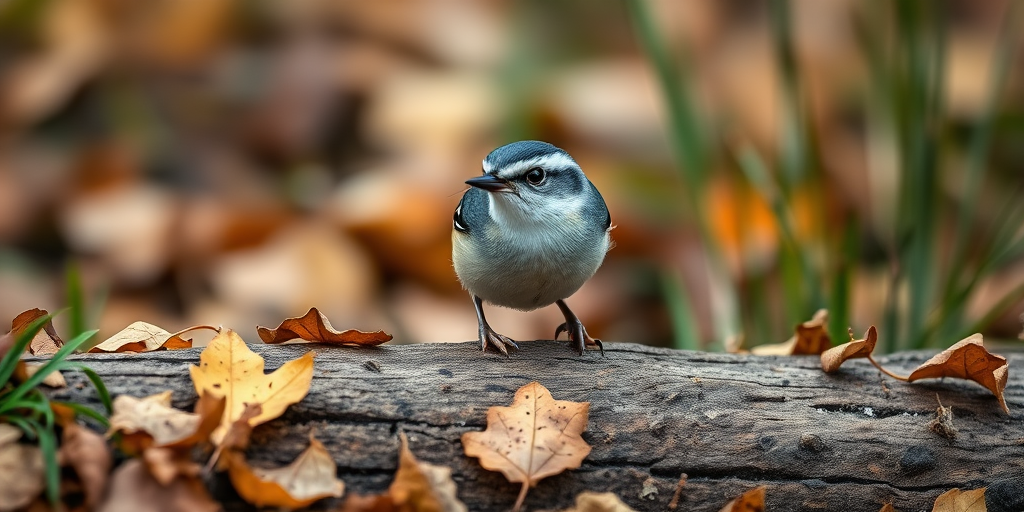 A close-up shot of a nuthatch bird perched on a log surrounded by fallen leaves and grass, captured with a Canon EOS R5, 85mm f/1.2 lens, aperture set to f/2.8, ISO 200, shutter speed 1/250s, natural lighting with a soft focus background for depth.