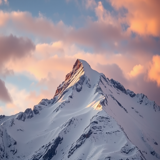 Capture a snow-covered mountain peak with dramatic skies, using a Canon EOS R5, 24mm lens, f/8 aperture, ISO 100, in landscape orientation, with a high dynamic range and soft natural lighting for enhanced detail and contrast.