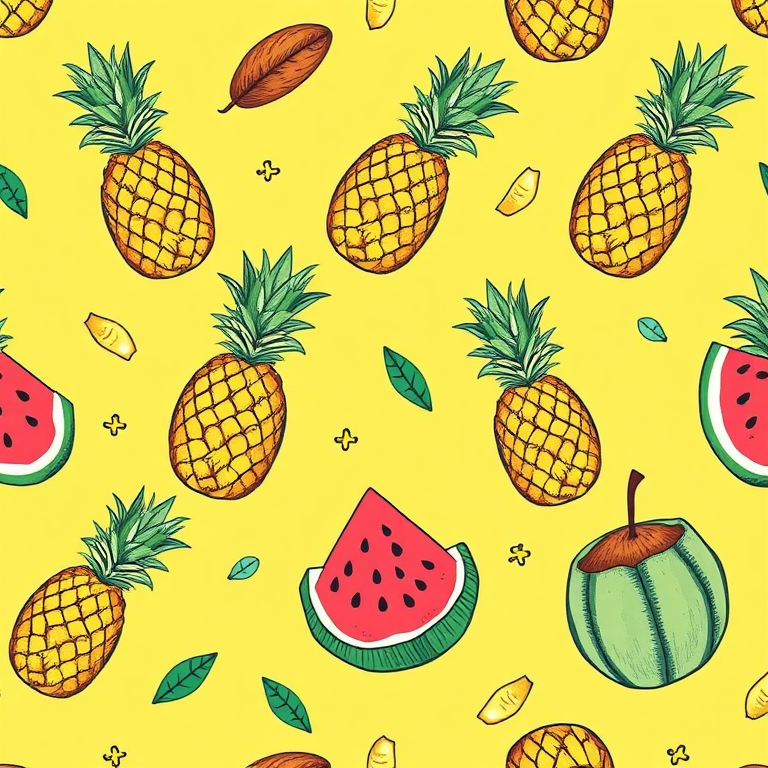 Create a vibrant pattern featuring hand-drawn tropical fruits like pineapples, watermelons, and coconuts on a sunny yellow background, shot with a Canon EOS R5, 50mm lens, f/1.8 aperture, ISO 100, natural light for crisp detail and vibrant colors.