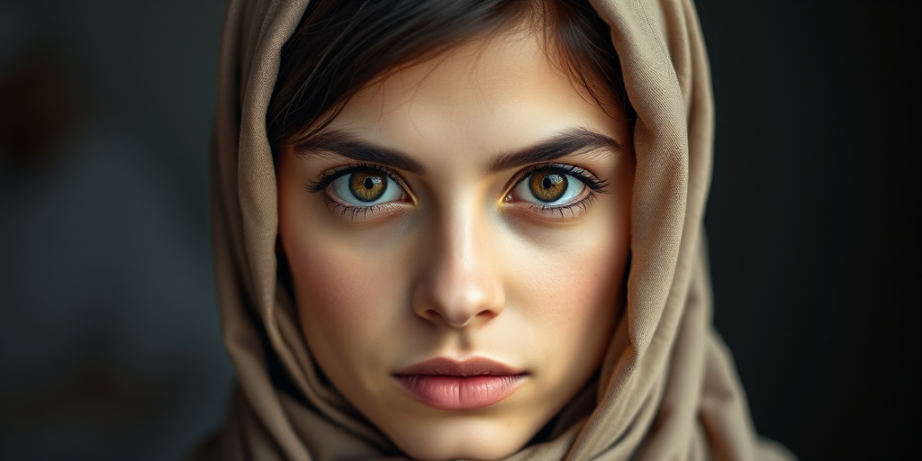 Portrait of a young woman with a neutral expression, headscarf, and striking brown eyes, soft diffused lighting, 50mm lens, f/1.8 aperture, ISO 100, natural light, DSLR camera.