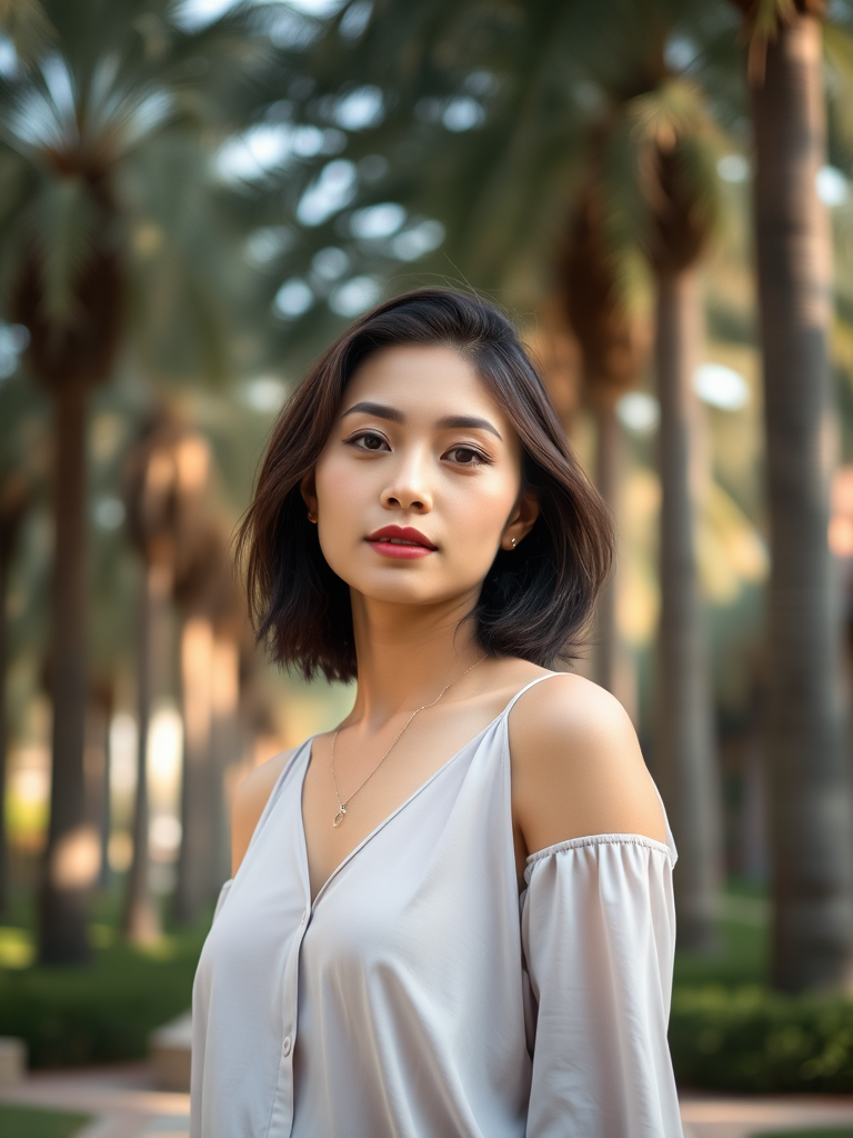 portrait of a woman standing in a park surrounded by palm trees, soft natural lighting, shallow depth of field, f/2.8, 50mm lens, ISO 100, shot on a DSLR camera