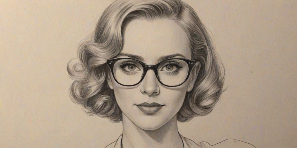Ravishing Andrea Bowen, pencil sketch, portrait of Gorgeous woman 1934s in glasses, hair style beatnik, outline, clear lines, fine lines, 8k