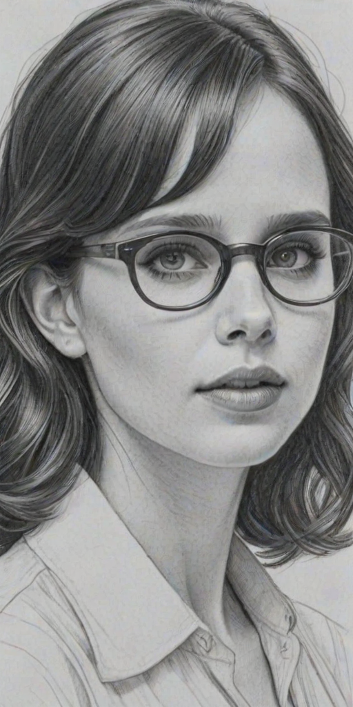 Appealing Felicity Jones, pencil sketch, portrait of Dazzling woman 1922s in glasses, hair style beatnik, outline, clear lines, fine lines, 8k
