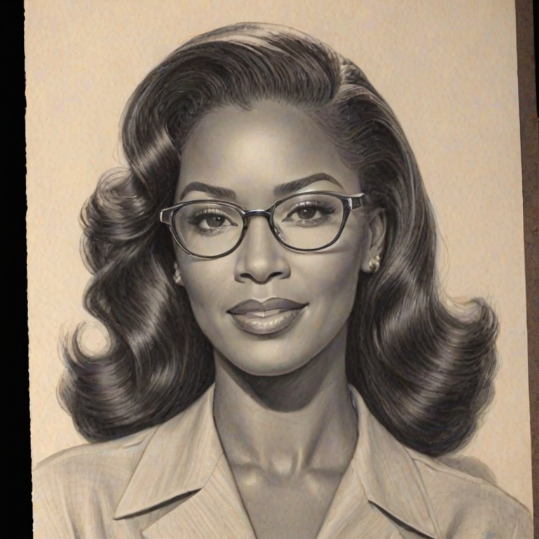 Lovely Kenya Moore, pencil sketch, portrait of Delightful woman 1943s in glasses, hair style beatnik, outline, clear lines, fine lines, 8k