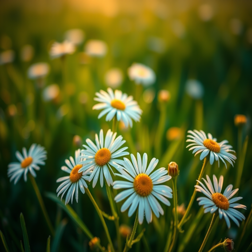 Create a close-up shot of dew-covered daisies in a vibrant green field during golden hour with soft bokeh in the background, using a DSLR camera at f/2.8, 50mm lens, ISO 100, shutter speed 1/200s, natural light to enhance image quality.