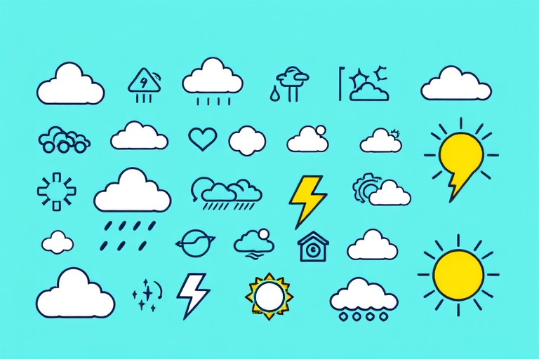 create a digital illustration of various weather icons including clouds, rain, lightning, and sun on a teal background, high resolution 300dpi, taken with a DSLR camera, using a wide-angle lens, focus on vibrant colors and clean lines.