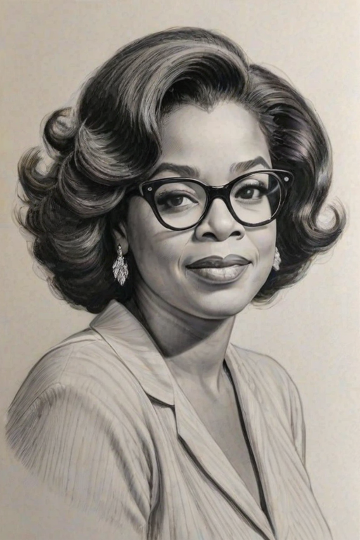 Splendid Oprah Winfrey, pencil sketch, portrait of Enticing woman 1930s in glasses, hair style beatnik, outline, clear lines, fine lines, 8k
