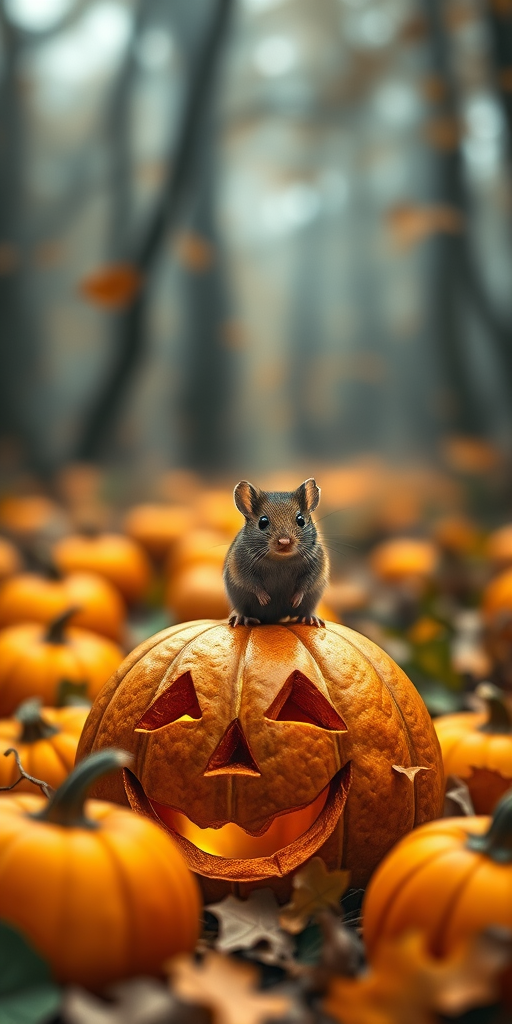 Create a whimsical Halloween scene featuring a cute mouse perched on a carved pumpkin in a misty forest filled with autumn leaves and glowing orange pumpkins, shot with a Canon EOS R5 at f/2.8, ISO 100, 50mm lens, focusing on the mouse with a shallow depth of field, using a soft, warm light for an enchanting ambiance.
