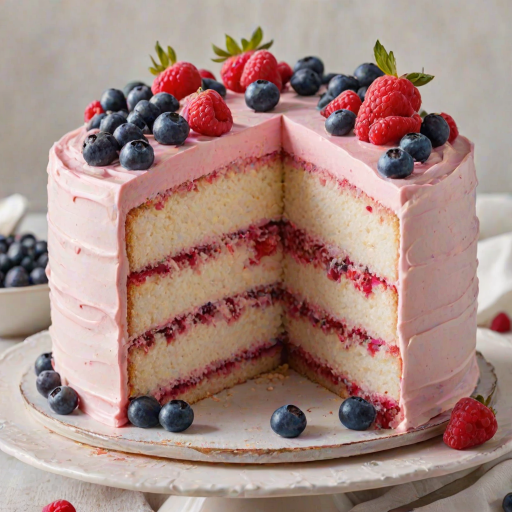 Create an image of a multi-layered cake with distinct layers of pink and white frosting, adorned with fresh raspberries and blueberries on top. The cake should have a light and fluffy appearance, with each layer visible and the frosting looking creamy and inviting. The background should be simple and elegant to emphasize the cake's colors and textures.