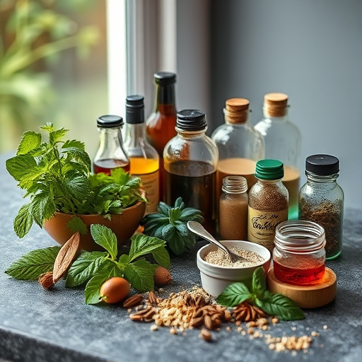 Still life of assorted herbs, spices, and bottles on a textured surface, natural light, shallow depth of field, shot with a Canon EOS R5, 50mm f/1.2 lens, aperture f/2.8, ISO 200.