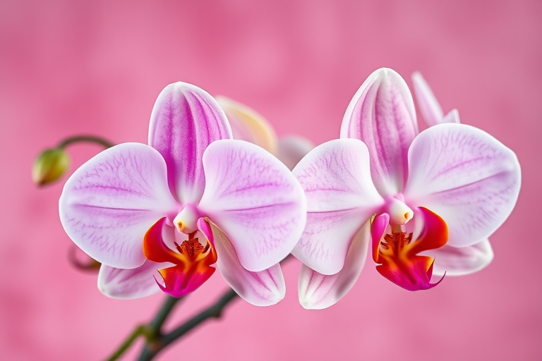 Orchid flowers in vibrant colors against a textured pink background, using a Canon EOS 5D Mark IV, f/2.8 aperture, 1/250 sec shutter speed, ISO 100, macro lens, soft focus style.