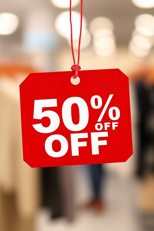 Create an image of a red sales tag featuring the text "50% OFF" in bold white letters, using a DSLR camera with a 50mm lens, aperture set to f/2.8, ISO 100, with a shallow depth of field for a blurred background.