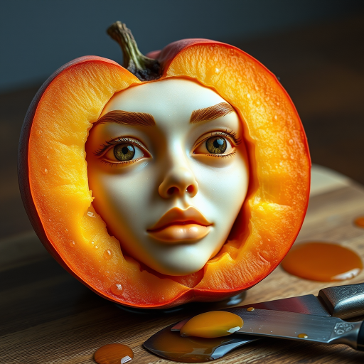 A hyperdetailed photorealistic macro color saturated high resolution image of a pumpkin cut in half, with the peach pit being a highly detailed sculpted woman's face with her eyes open and peach-colored irises. The face has a marble texture. The image includes condensation, moisture, and peach juice. The peach is on a wooden cutting board with a small fruit knife nearby, also covered with juice.
