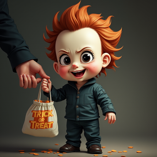 A whimsical caricature of a child version of Michael Myers, grinning mischievously. He is held by the hand of an unrecognizable person (only their hand visible), while holding a bag labeled "Trick or Treat" His facial expression is playful yet slightly menacing, reflecting his iconic figure. The scene is in portrait format with a Halloween theme, featuring exaggerated cartoon details like big eyes, a small body, and a creepy yet light-hearted tone.