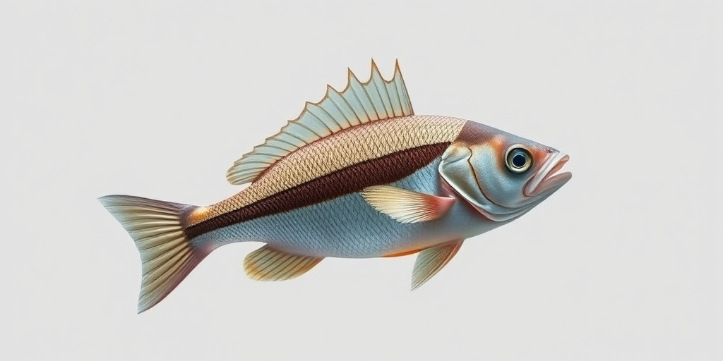 Create a highly detailed illustration of a fish with pronounced fins and stripes, captured with a Canon EOS R5 at 50mm f/1.8, ISO 100, shutter speed 1/200s, in a macro photography style featuring soft natural lighting against a plain background for enhanced clarity and contrast.