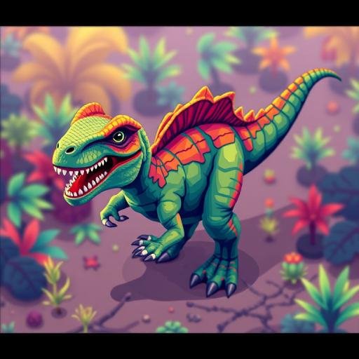 Generate a pixel art dinosaur in a vibrant color scheme, 4K resolution, using an isometric view, with a focus on sharp edges and high contrast, taken with a DSLR camera at f/8 aperture, ISO 200, and a 35mm lens.