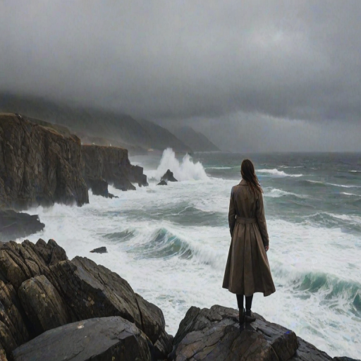 Foggy coastline, waves crashing against jagged rocks, a woman stands at the edge, her long coat billowing in the wind, watching the storm roll in over the ocean.