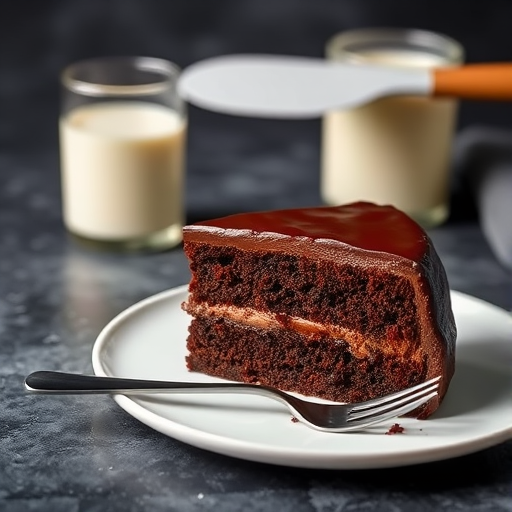A slice of rich chocolate cake on a white plate with a fork beside it the cake has a glossy chocolate ganache and layers visible the background is a dark textured surface with a soft focus on a cake server and a glass of milk